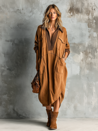 Noeva Paris Chic Casual Karamel Pamuk Karışımı Yaka-Yaka Kontrast Trim V Yaka Yama Cepler Uzun Kollu Asimetrik Etek Bol Kesim Midi Elbise
