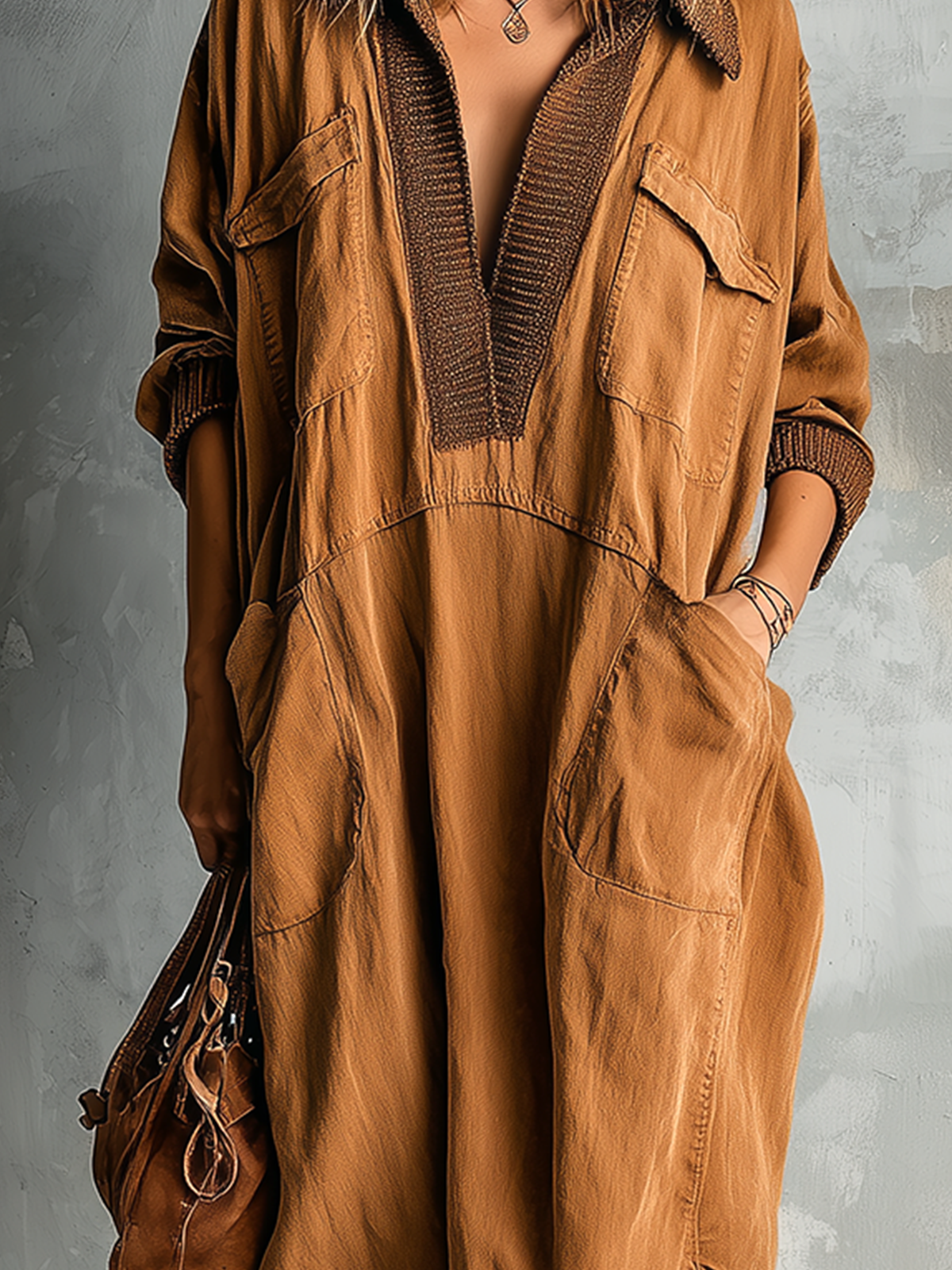 Noeva Paris Chic Casual Karamel Pamuk Karışımı Yaka-Yaka Kontrast Trim V Yaka Yama Cepler Uzun Kollu Asimetrik Etek Bol Kesim Midi Elbise