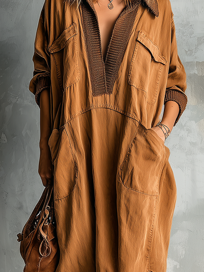 Noeva Paris Chic Casual Karamel Pamuk Karışımı Yaka-Yaka Kontrast Trim V Yaka Yama Cepler Uzun Kollu Asimetrik Etek Bol Kesim Midi Elbise
