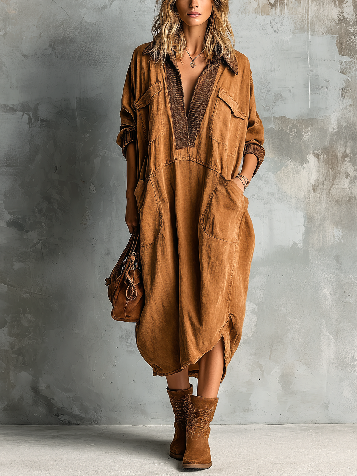 Noeva Paris Chic Casual Karamel Pamuk Karışımı Yaka-Yaka Kontrast Trim V Yaka Yama Cepler Uzun Kollu Asimetrik Etek Bol Kesim Midi Elbise