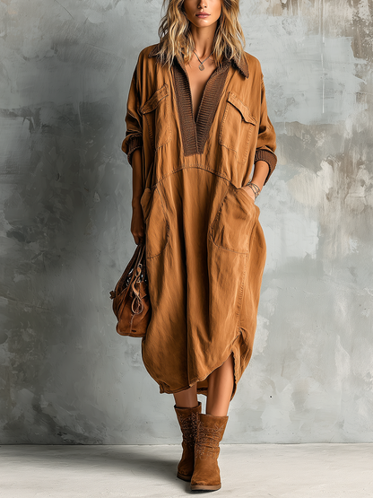 Noeva Paris Chic Casual Karamel Pamuk Karışımı Yaka-Yaka Kontrast Trim V Yaka Yama Cepler Uzun Kollu Asimetrik Etek Bol Kesim Midi Elbise