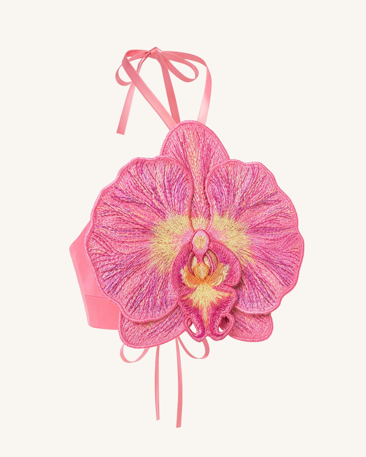 3D Orkide Halter Yaka Crop (Kısa Kesim) Üst / Bluz - Pembe