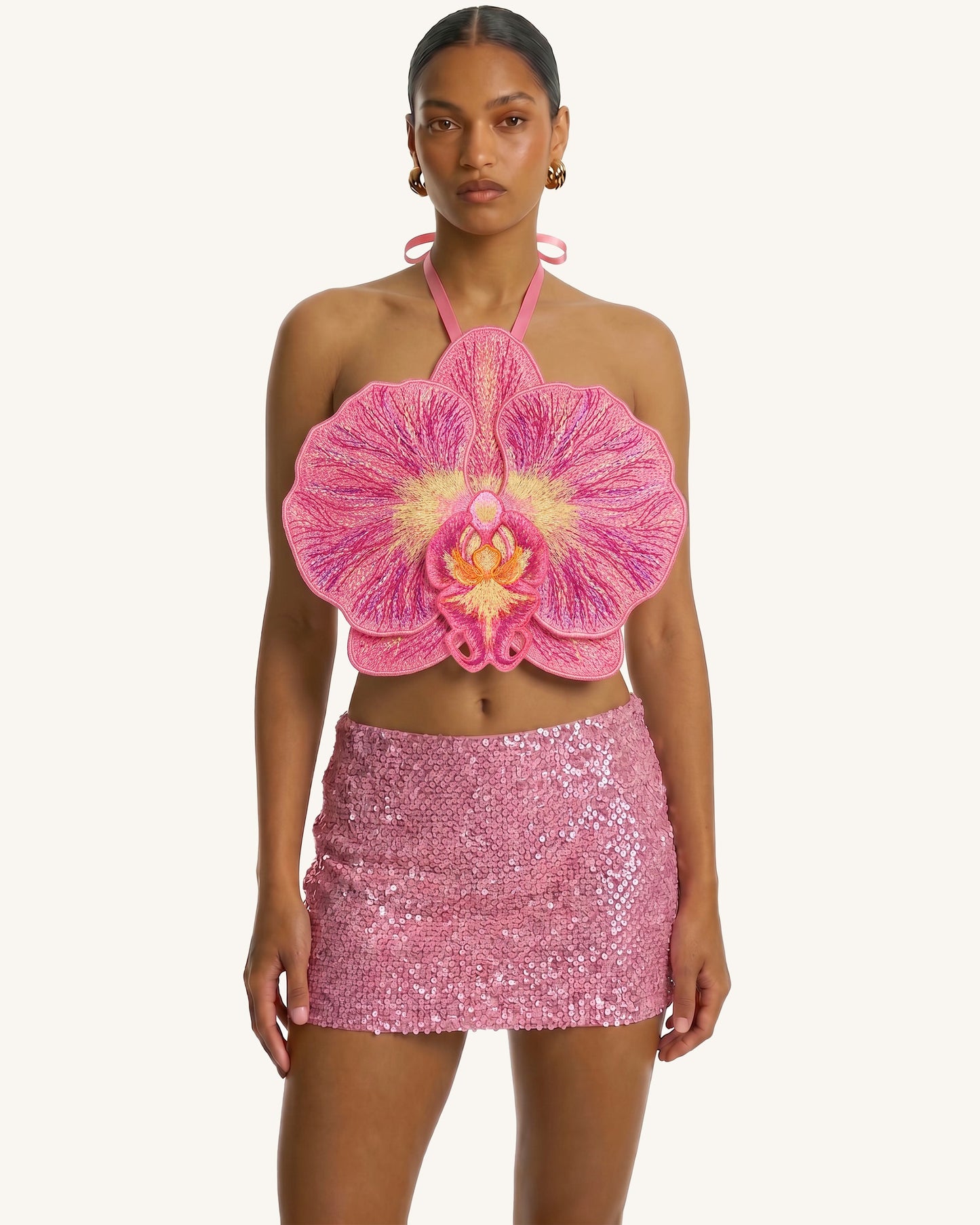 3D Orkide Halter Yaka Crop (Kısa Kesim) Üst / Bluz - Pembe