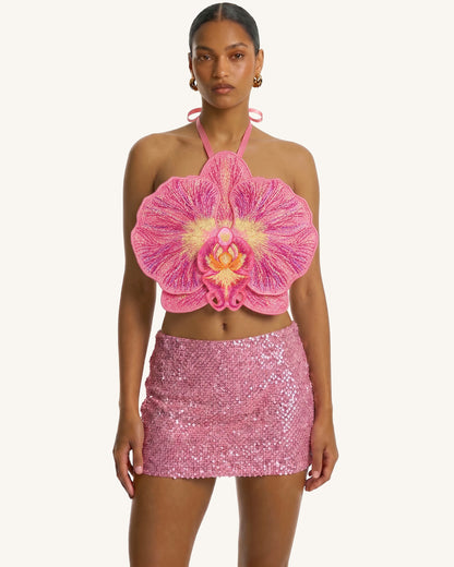 3D Orkide Halter Yaka Crop (Kısa Kesim) Üst / Bluz - Pembe