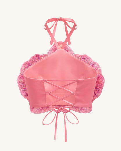 3D Orkide Halter Yaka Crop (Kısa Kesim) Üst / Bluz - Pembe