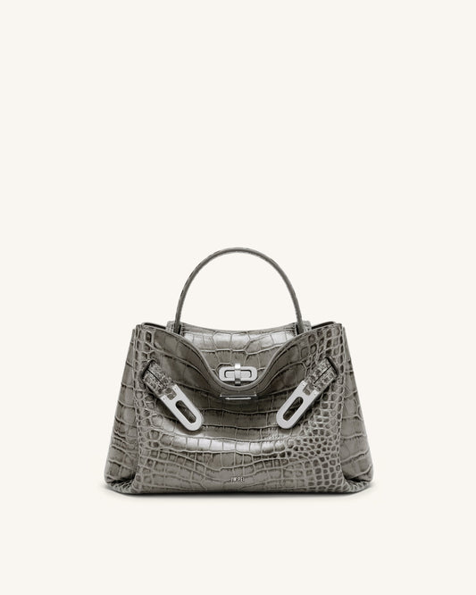 Rhea Small Double Buckle Shoulder Bag - Grey Croc