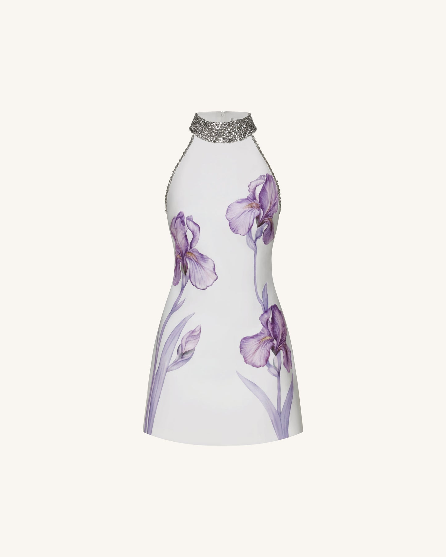 Taşlı Halter Yaka Iris Motifli Elbise - Beyaz