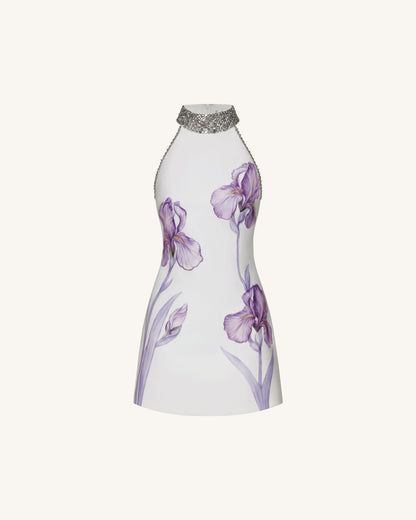 Taşlı Halter Yaka Iris Motifli Elbise - Beyaz
