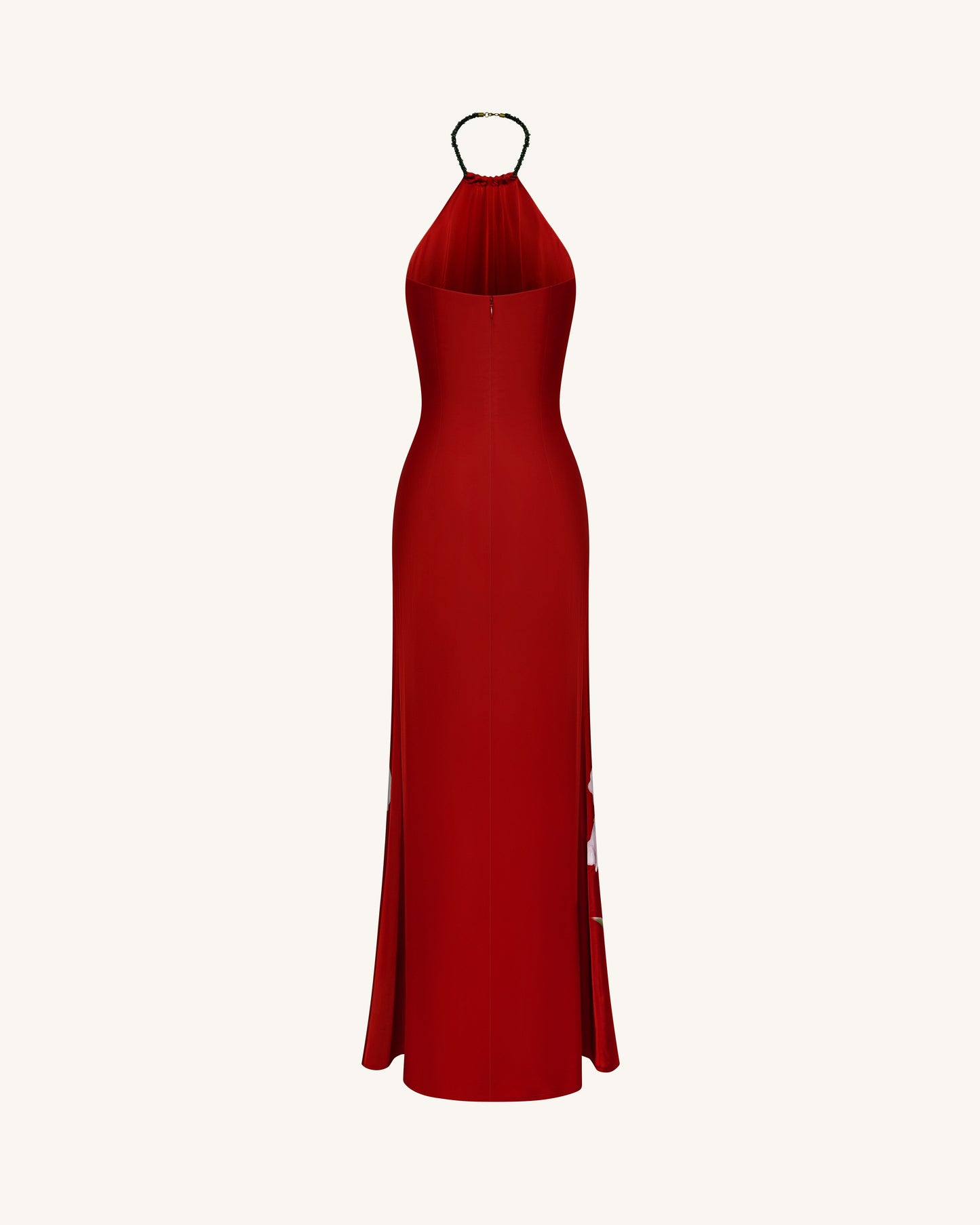 Iris Çiçek Desenli Halter Yaka Maxi Elbise - Yakut Kırmızısı