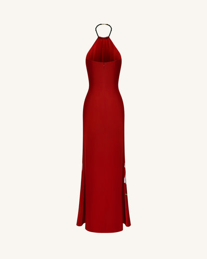 Iris Çiçek Desenli Halter Yaka Maxi Elbise - Yakut Kırmızısı