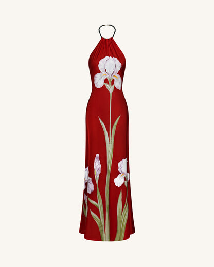 Iris Çiçek Desenli Halter Yaka Maxi Elbise - Yakut Kırmızısı