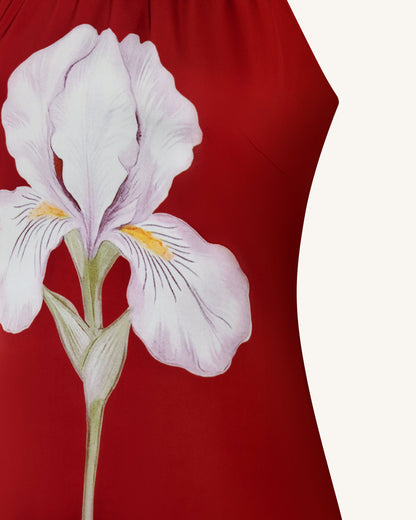 Iris Çiçek Desenli Halter Yaka Maxi Elbise - Yakut Kırmızısı