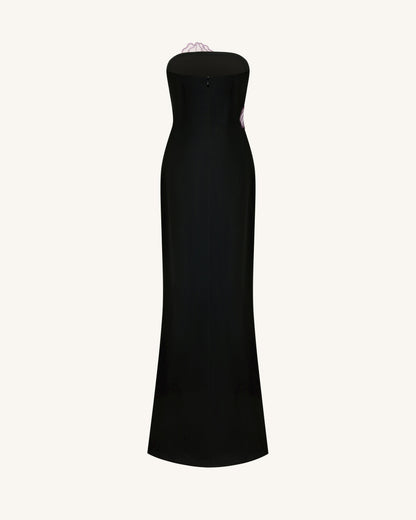 Iris Floral-Appliqué Straplez (Askısız) Maxi Elbise - Siyah