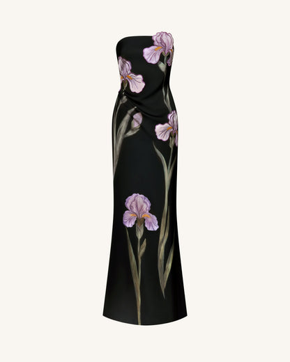 Iris Floral-Appliqué Straplez (Askısız) Maxi Elbise - Siyah