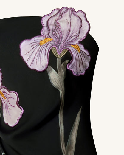 Iris Floral-Appliqué Straplez (Askısız) Maxi Elbise - Siyah