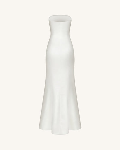 Straplez (Askısız) Çiçek Desenli Polyester Elbise - Beyaz
