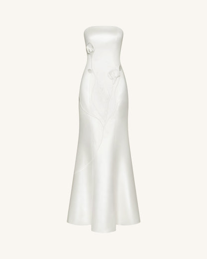 Straplez (Askısız) Çiçek Desenli Polyester Elbise - Beyaz
