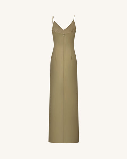 Iris Motifli Saten Slip (Askılı) Abiye Elbise - Zeytin Yeşili Yeşil