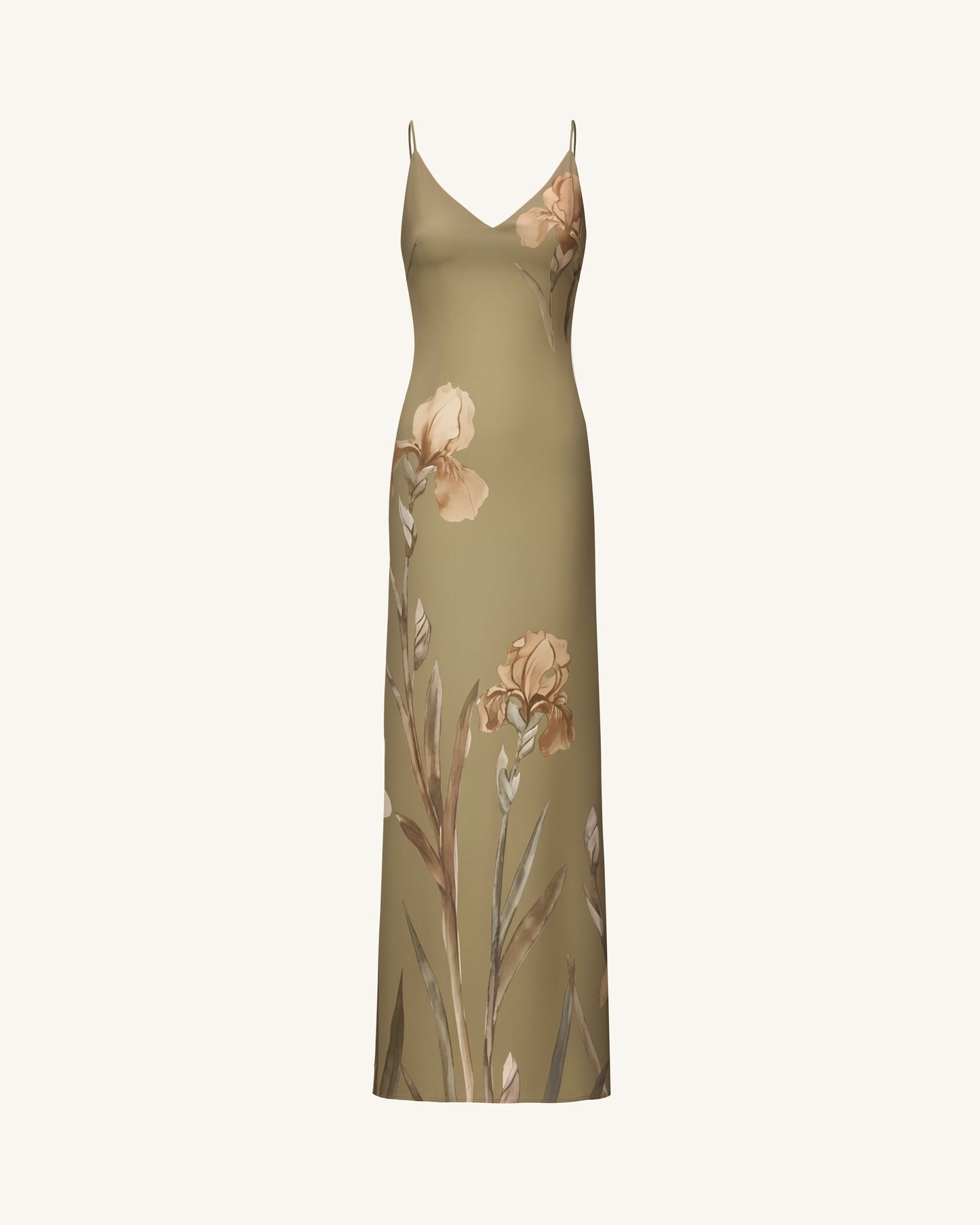Iris Motifli Saten Slip (Askılı) Abiye Elbise - Zeytin Yeşili Yeşil
