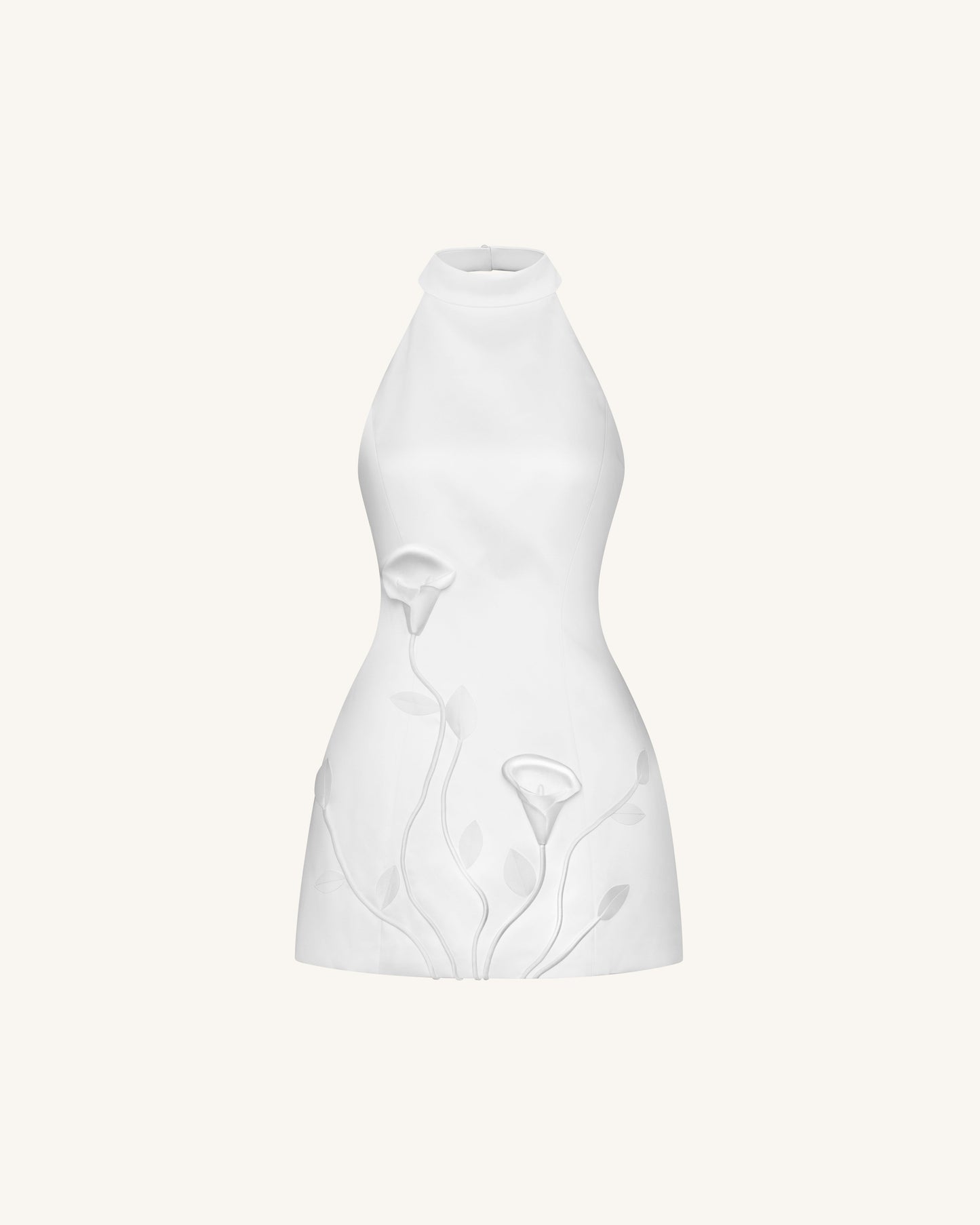 3D Floral Halter Mini Dress - White