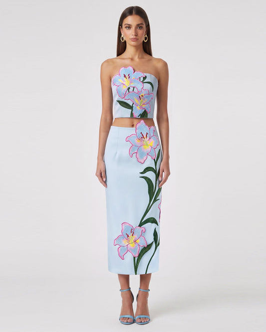 Lily Floral Embroidered Strapless Corset Top - Light Blue