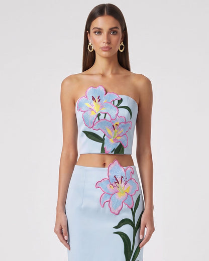 Lily Çiçek Desenli Nakışlı Straplez (Askısız) Korse Model Üst / Bluz - Açık Mavi
