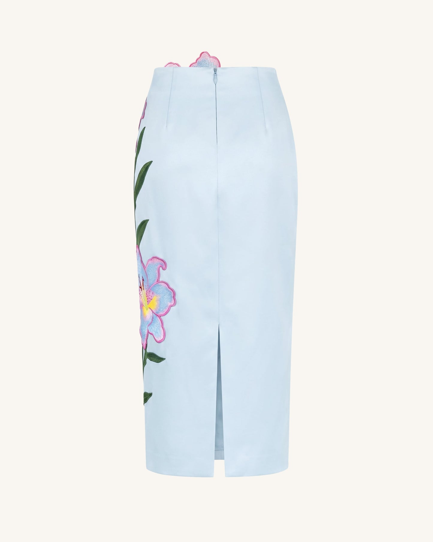 Lily Floral Embroidered High Waist Pencil Midi Skirt - Light Blue