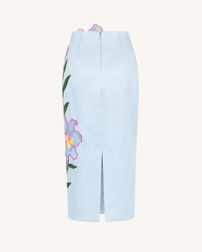 Lily Floral Embroidered High Waist Pencil Midi Skirt - Light Blue