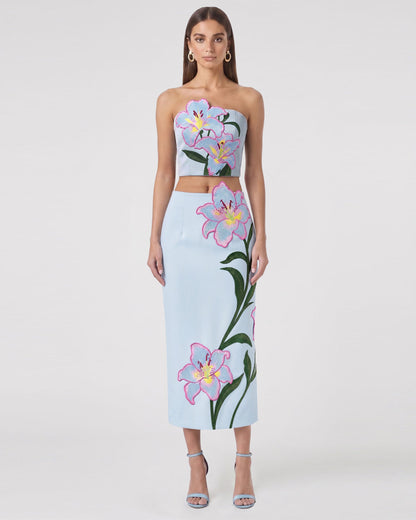 Lily Floral Embroidered High Waist Pencil Midi Skirt - Light Blue