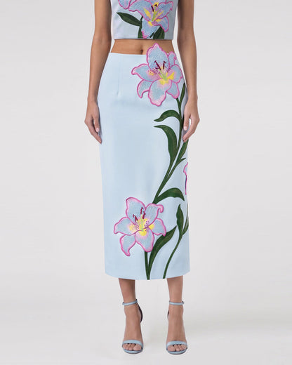 Lily Floral Embroidered High Waist Pencil Midi Skirt - Light Blue