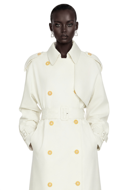 Bruyère White Double-Breasted Long Trench Coat