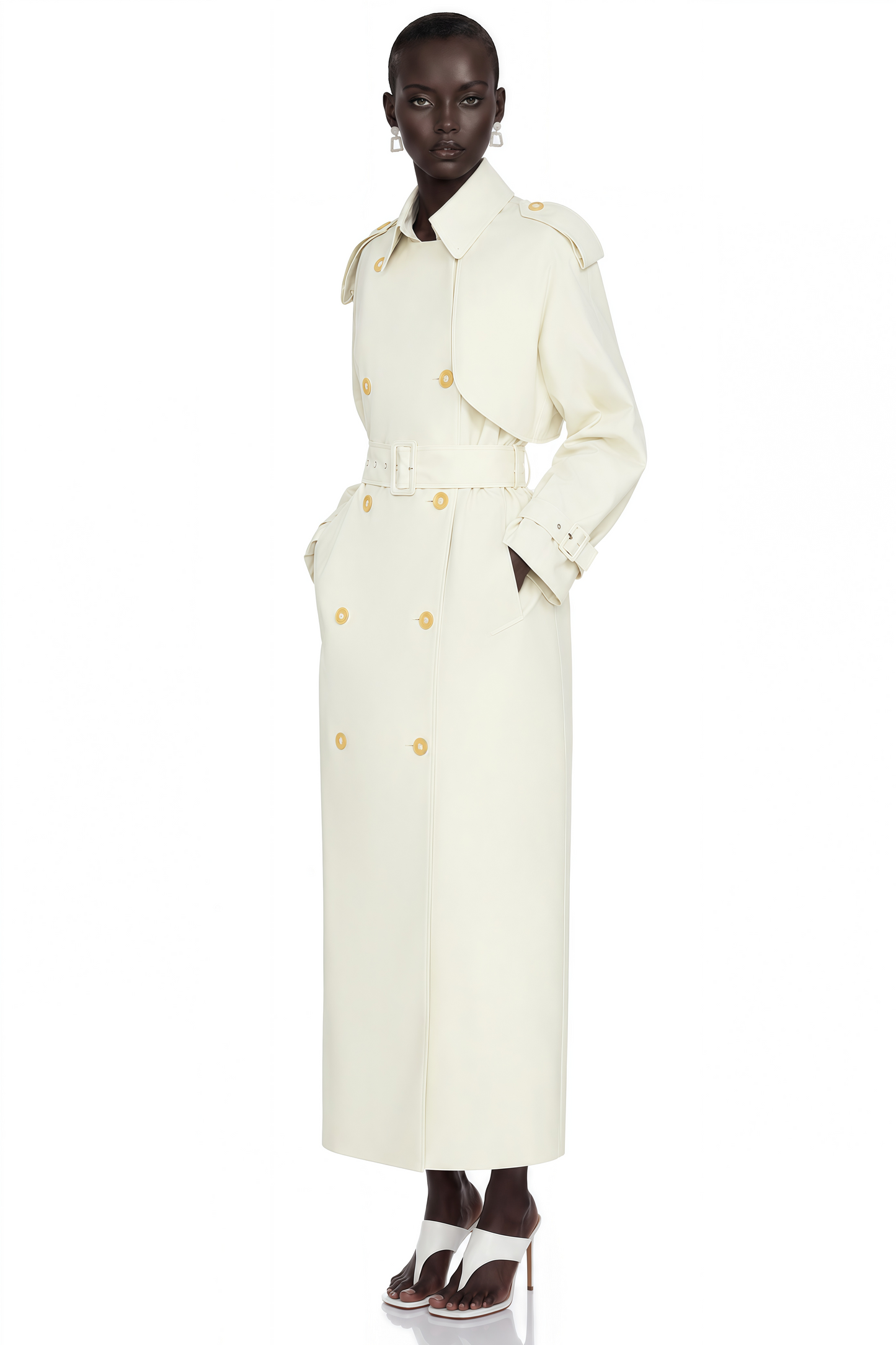Bruyère White Double-Breasted Long Trench Coat