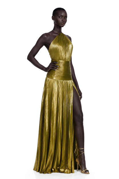 Alchimie Gold Glossy Pleated Maxi Dress
