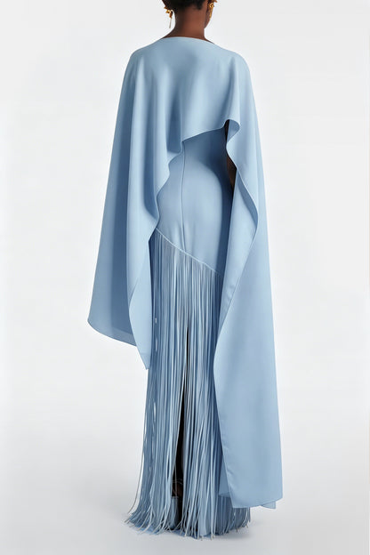 Cayetana Sapphire Blue Fringe Maxi Dress with Cape Effect