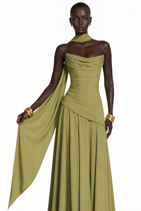Romane Yeşil Straplez Korse Şifon Maxi Elbise