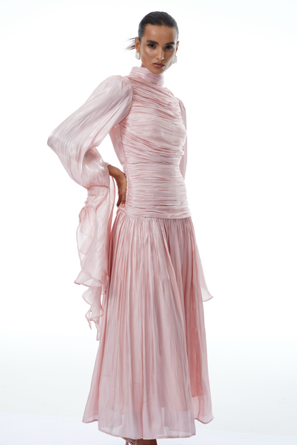Sarolta Pembe Parlak Dantelli Uzun Elbise