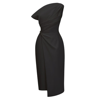 Amarante Black One Shoulder Asymmetrical Midi Dress
