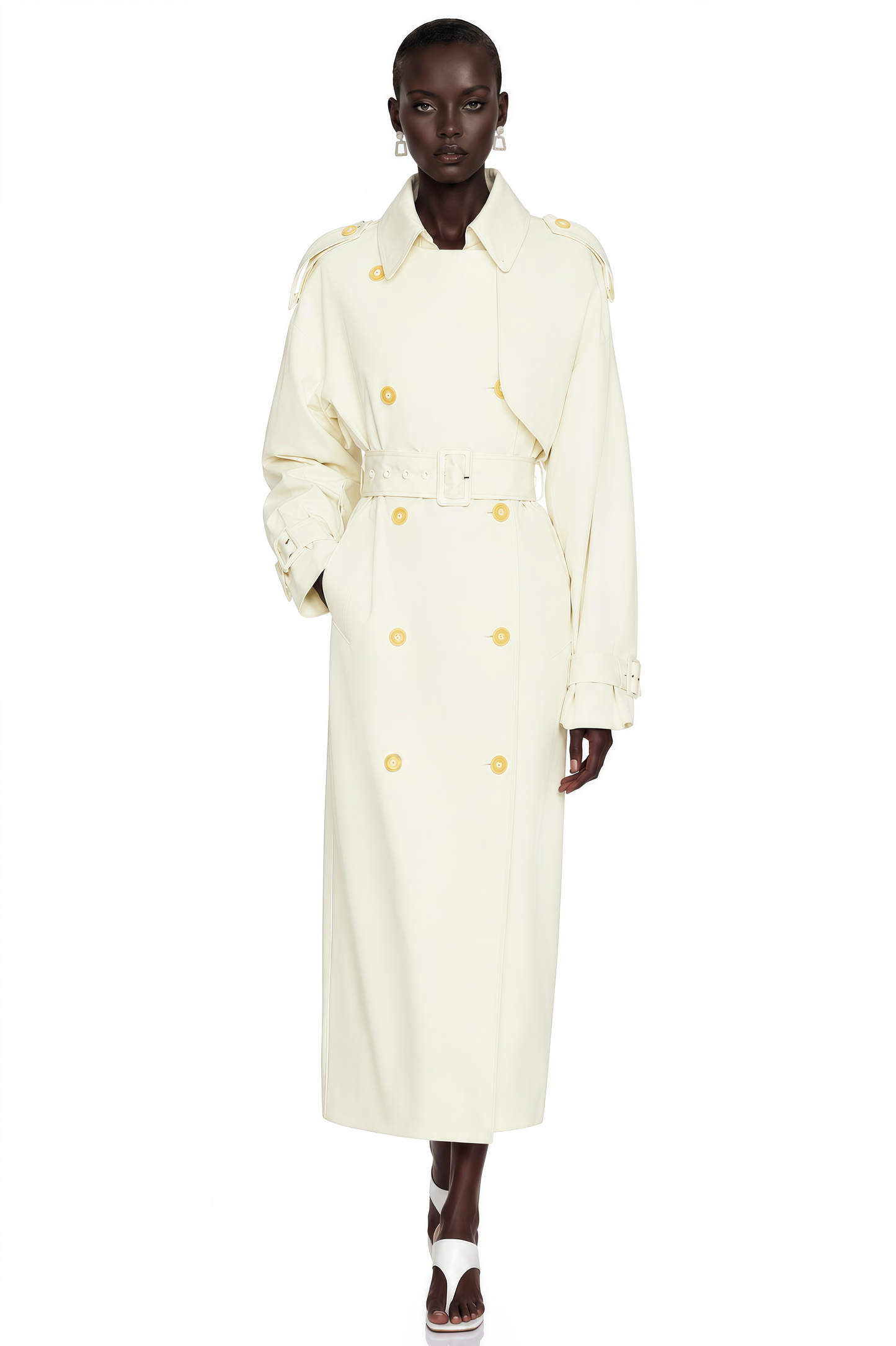 Bruyère White Double-Breasted Long Trench Coat