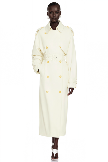 Bruyère White Double-Breasted Long Trench Coat