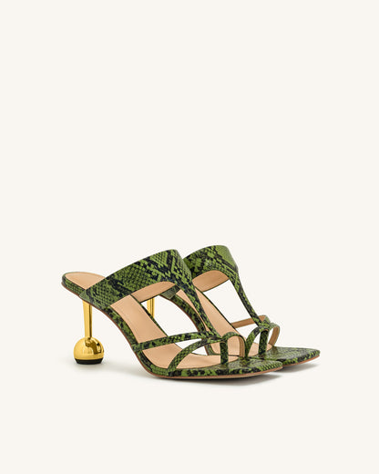 Cora Snakeskin Heeled Flip Flops - Green