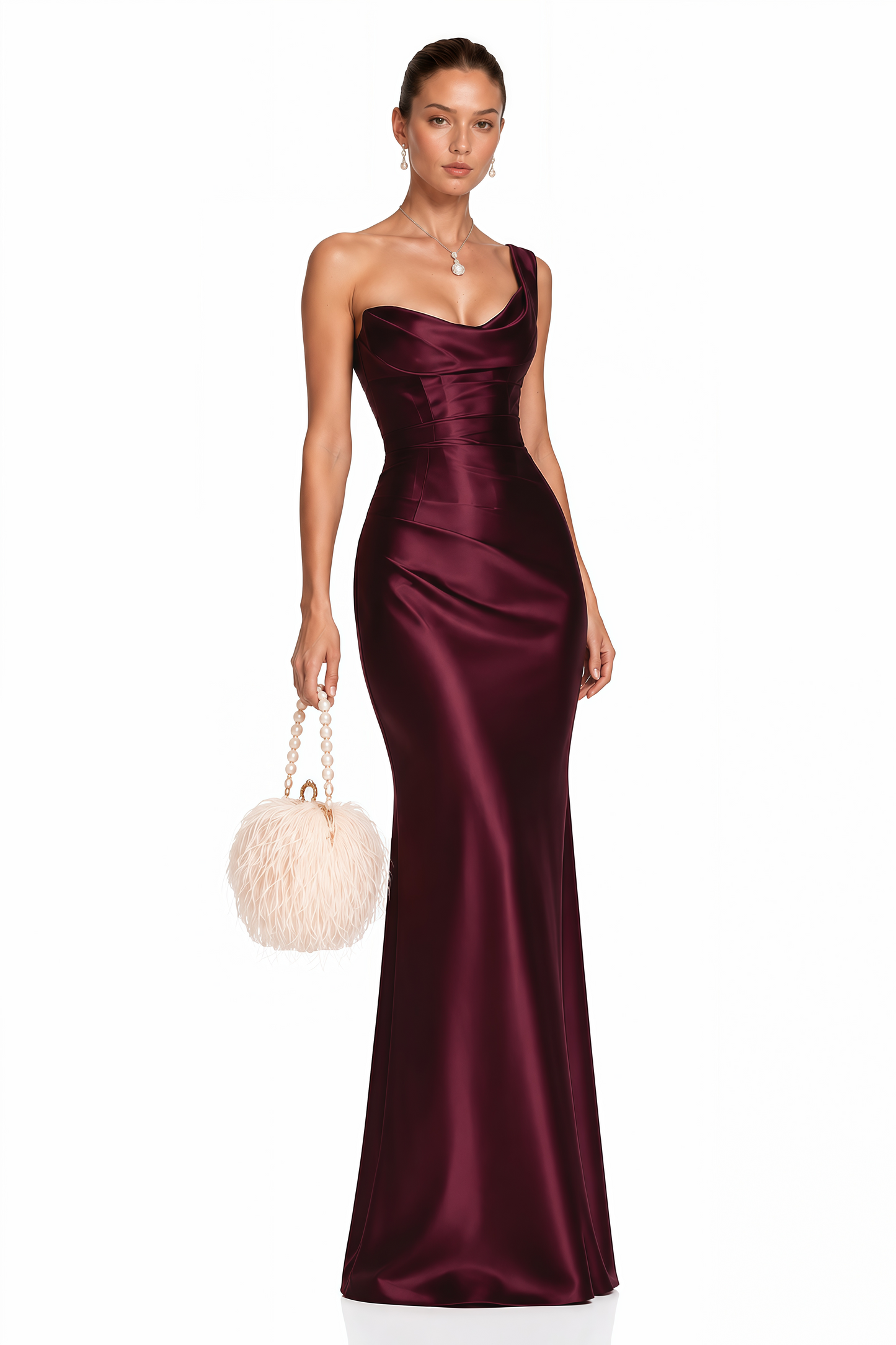 Hannah Burgundy One Shoulder Satin Maxi Dress