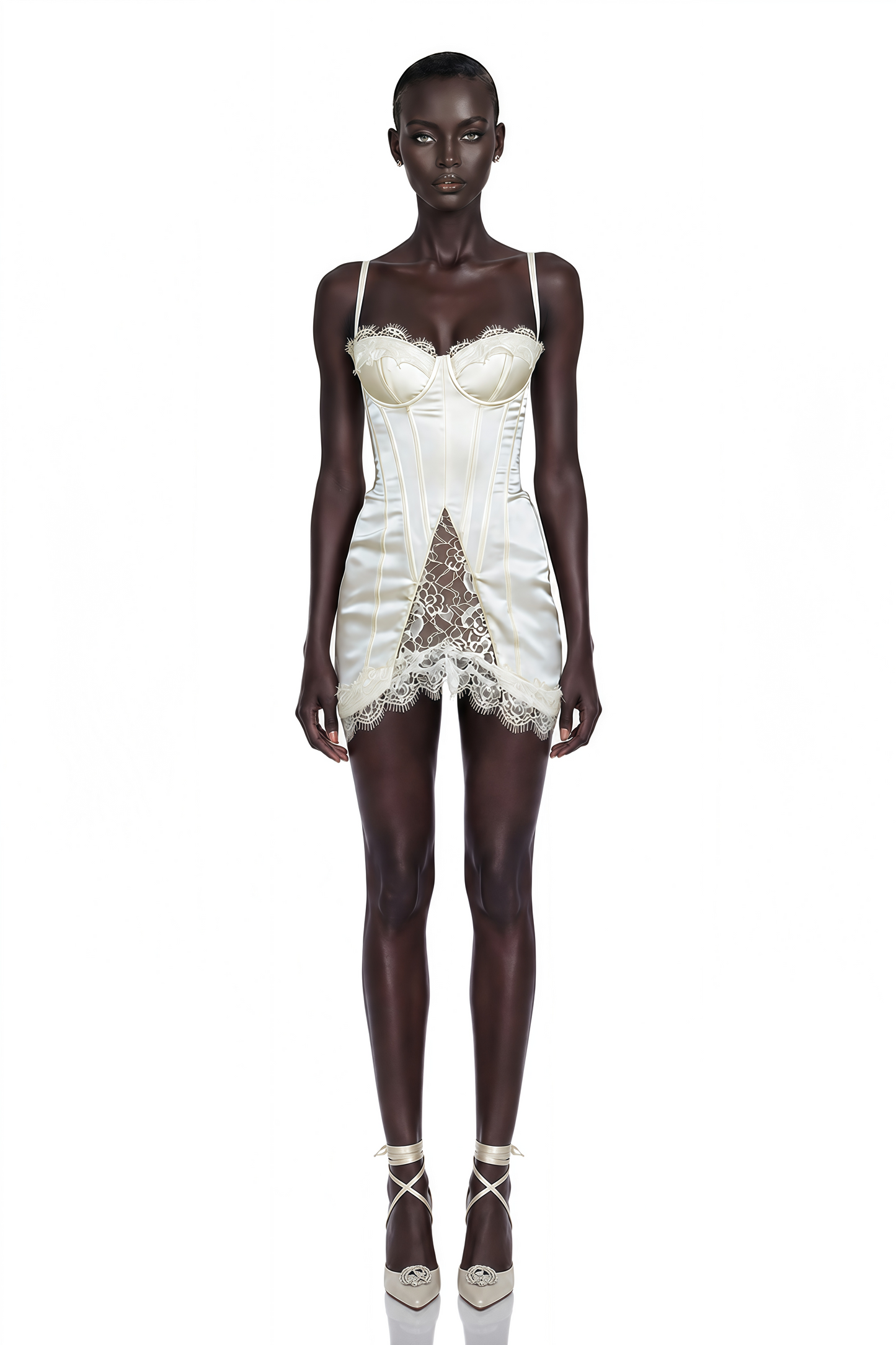 Juliette White Satin Mini Dress with Lace Panels