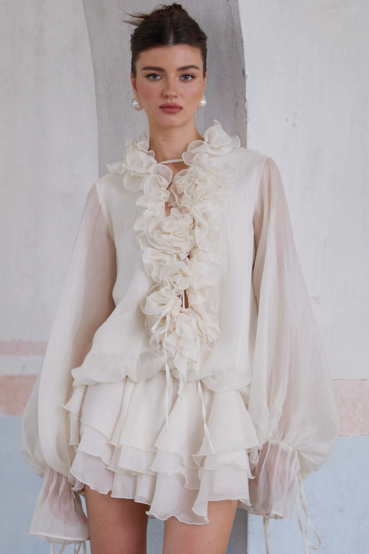 Zéphyrine Floral-Appliqué Tiered Mini Dress in Neutrals