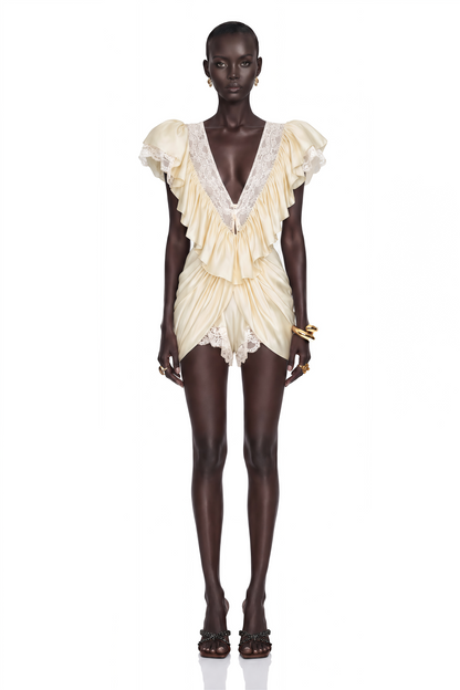Nani Cream Plunge Neck Satin Jumpsuit with Lace Panels