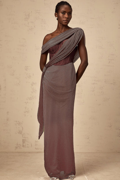 Delphine ribbon-design corset maxi dress in Brown