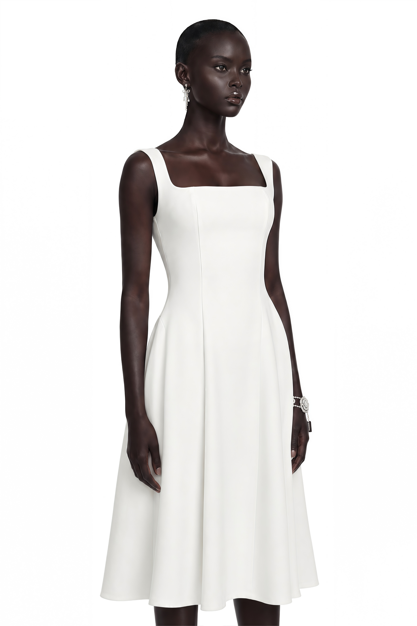 Thala White Pleated Flared Midi Dress