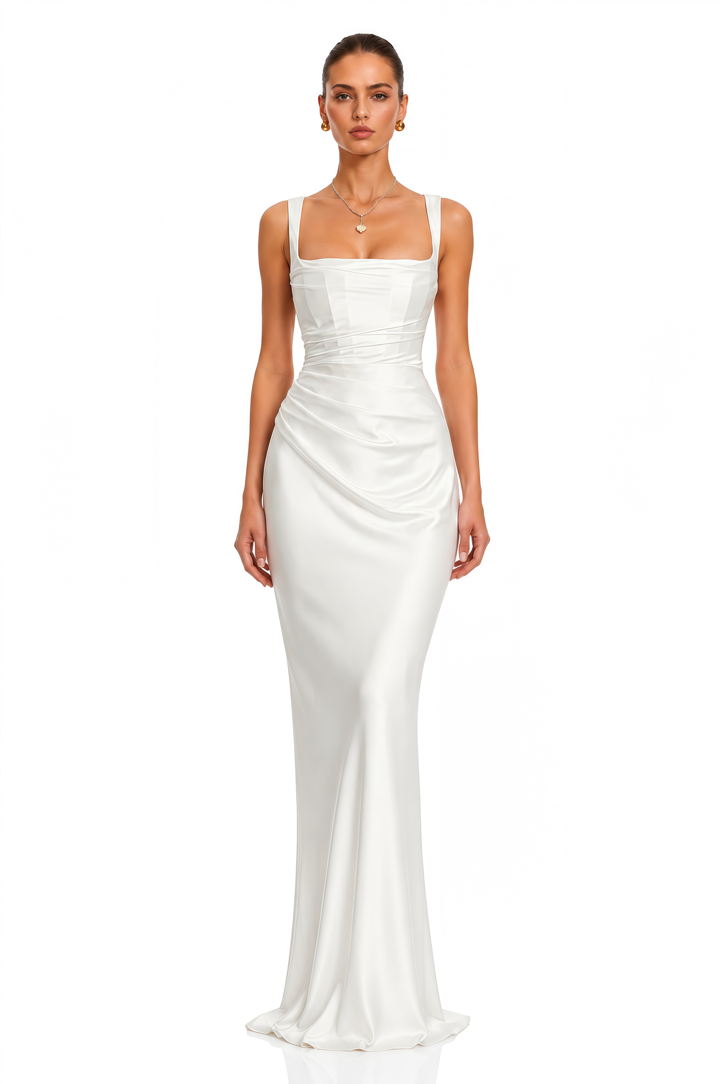 Inmaculada White Ruched Satin Maxi Dress (Without Gloves)