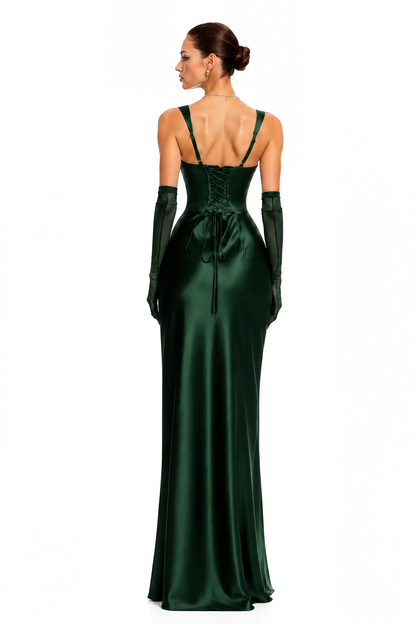 Inmaculada Emerald Ruched Satin Maxi Dress (Without Gloves)