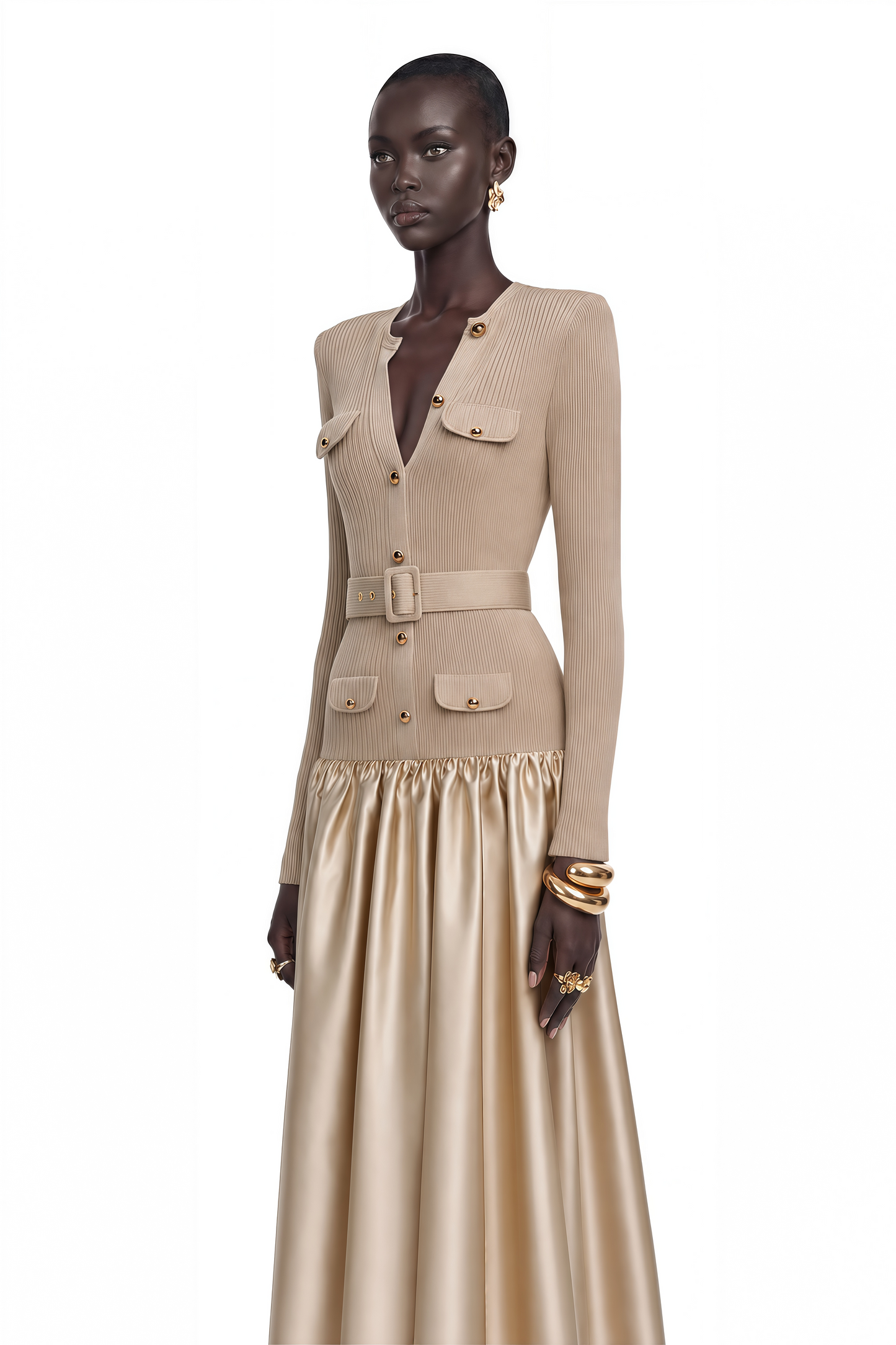 Fern Gold Satin Panel Knit Midi Dress