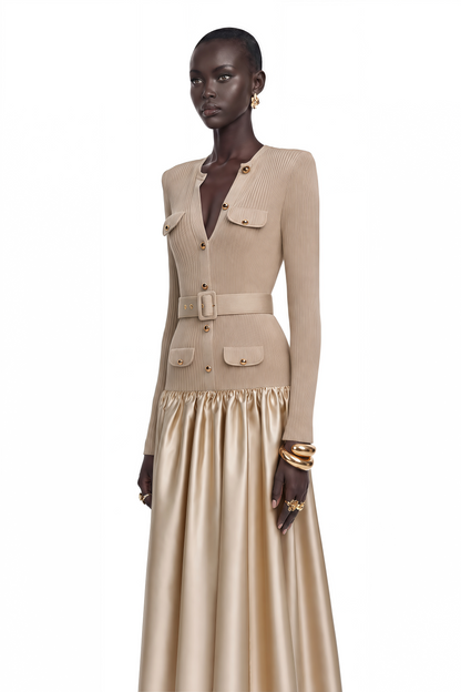 Fern Gold Satin Panel Knit Midi Dress